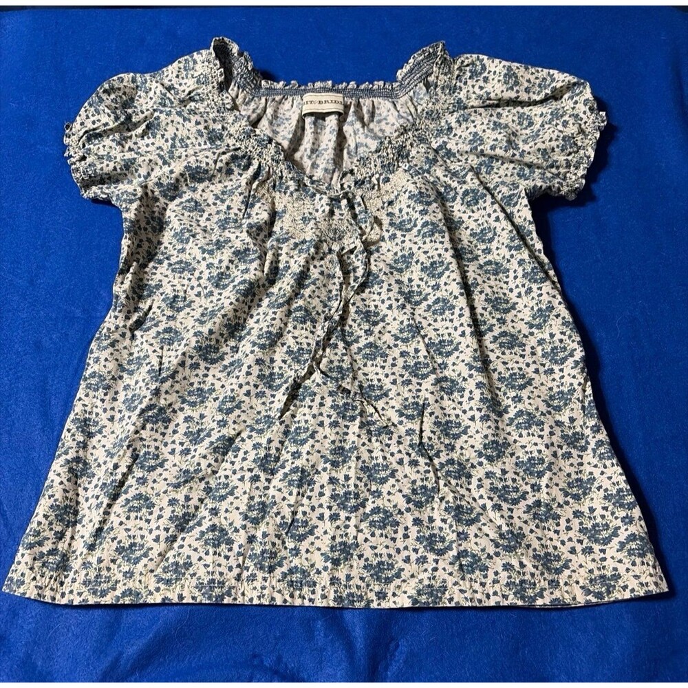 Bit & Bridle Blue Floral Cotton Peasant Blouse Puff Sleeve Size M